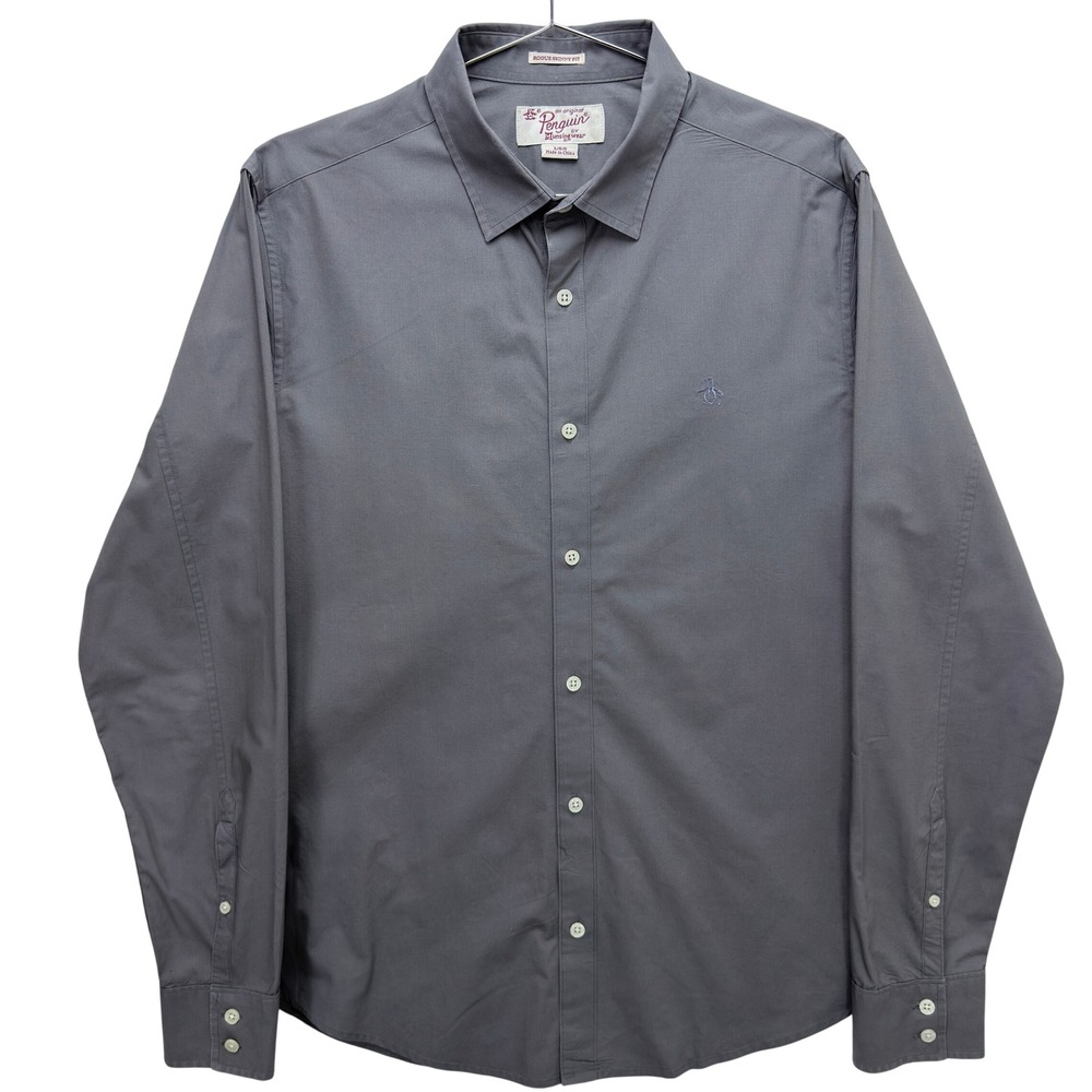 Original Penguin Mens L Rogue Skinny Fit Gray Button Down Casual Professional